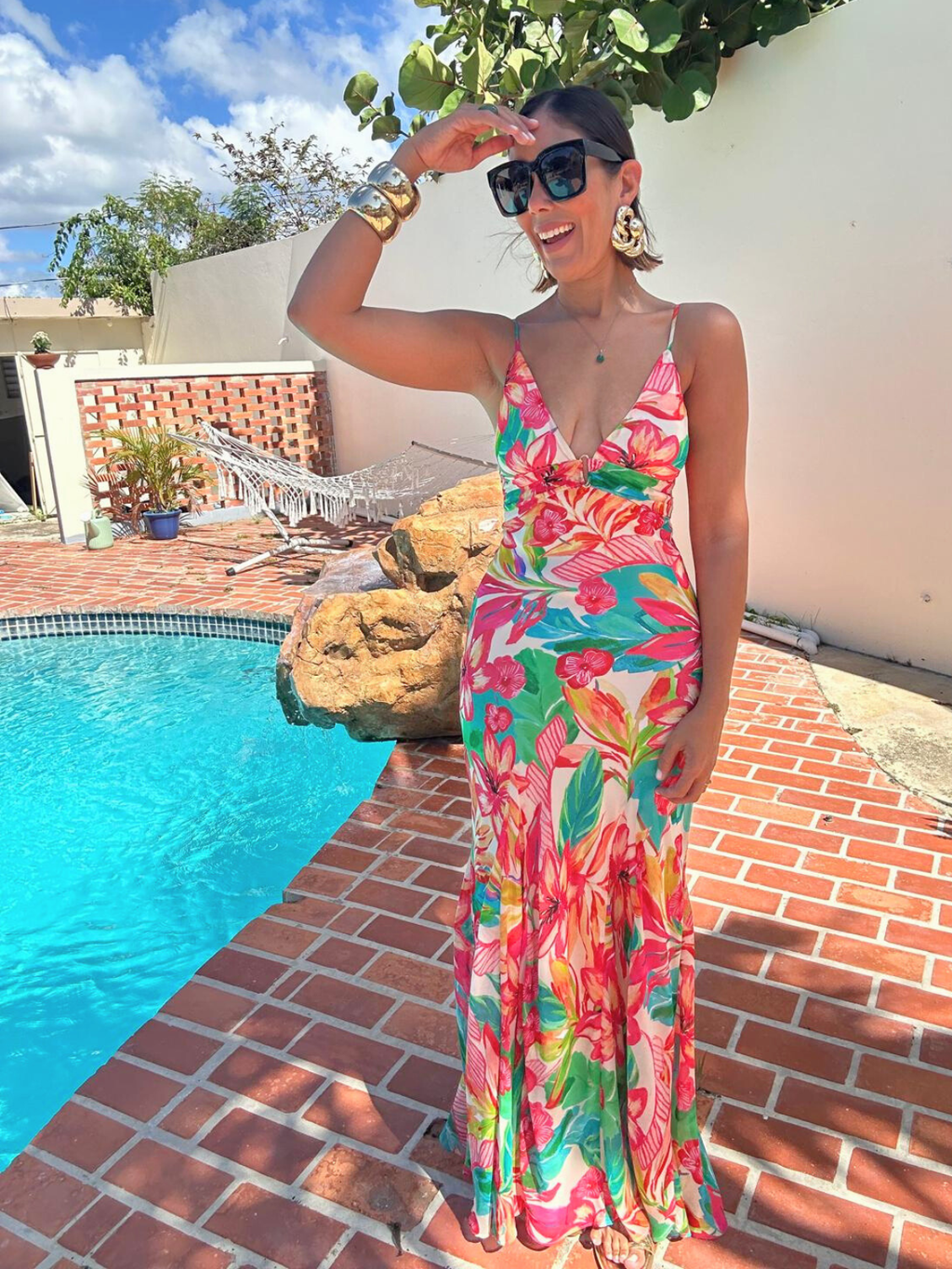 Sea of Hibiscus Frilly Hem Maxi Dress