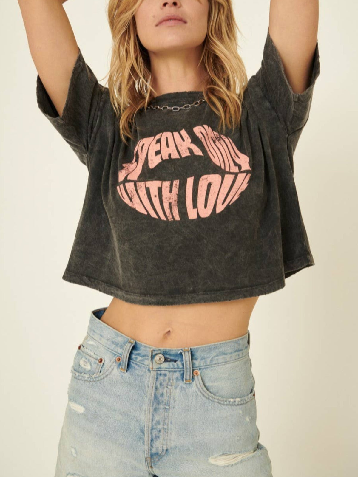 Speak Only with Love Vintage-Wash Cropped Graphic Tee