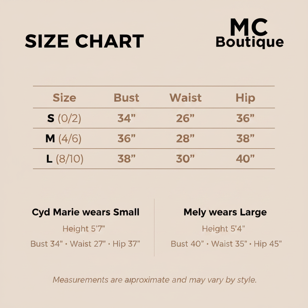 MCBoutique Size Chart with Logo