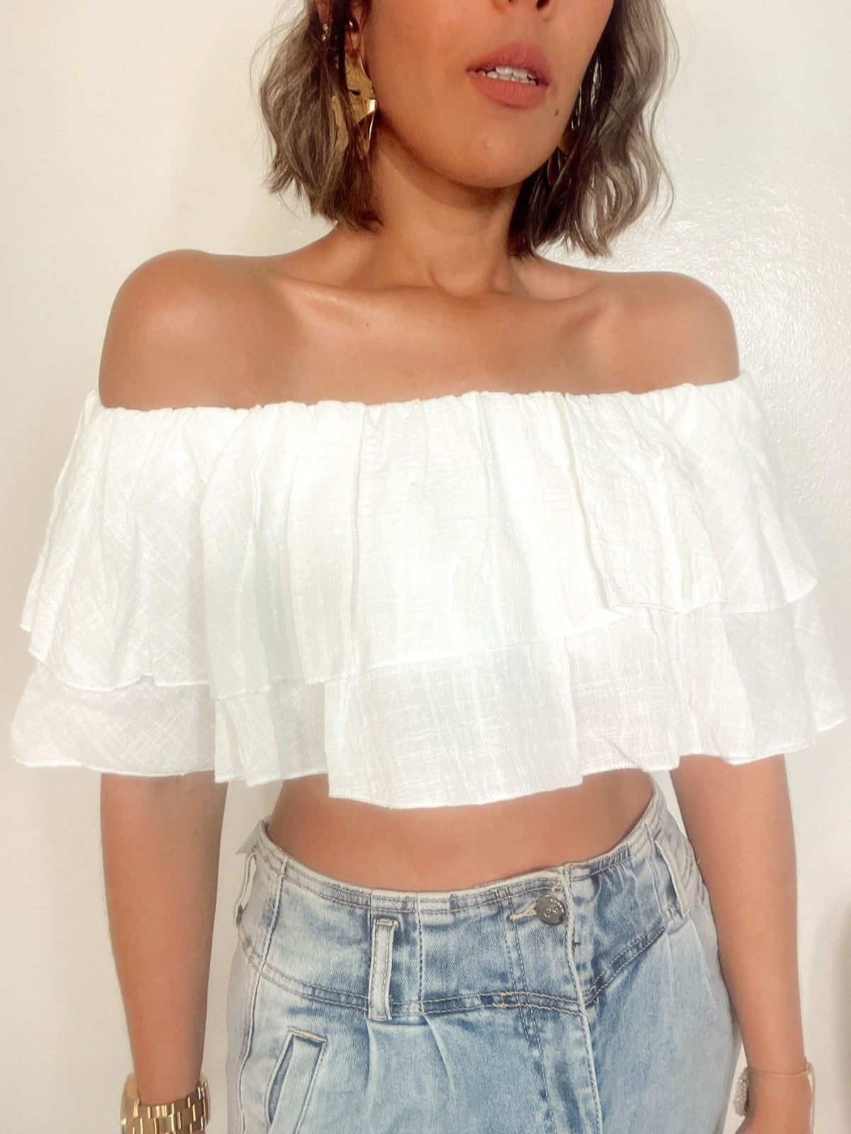 Maribella Off The Shoulder Ruffled Crop Top